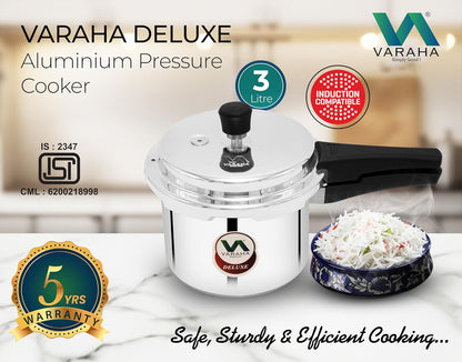 Varaha Deluxe 3 Litres Pressure Cooker | Outer Lid | Heavy Gauge Food Grade Virgin Aluminium | Induction & Gas Stove Compatible | ISI Certified | 5 Years Manufacturer's Warranty | Silver