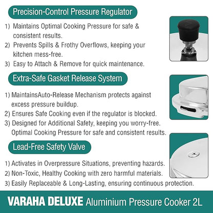 Varaha Deluxe 2 Litres Pressure Cooker | Outer Lid | Heavy Gauge Virgin Aluminium | Gas Stove Compatible | Non Induction Base | ISI Certified | 5 Years Manufacturer Warranty | Silver