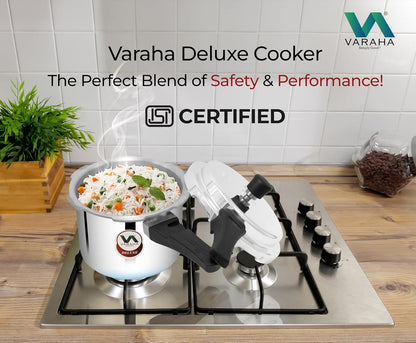 Varaha Deluxe 3 Litres Pressure Cooker | Outer Lid | Heavy Gauge Virgin Aluminium | Gas Stove Compatible | Non Induction Base | ISI Certified | 5 Years Manufacturer Warranty | Silver