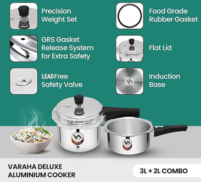 Varaha Deluxe 2 Litres and 3 Litres Pressure Cookers | Outer Lid | Heavy Gauge Aluminium | Induction & Gas Stove Compatible | ISI Certified | 5 Years Manufacturer's Warranty | Silver