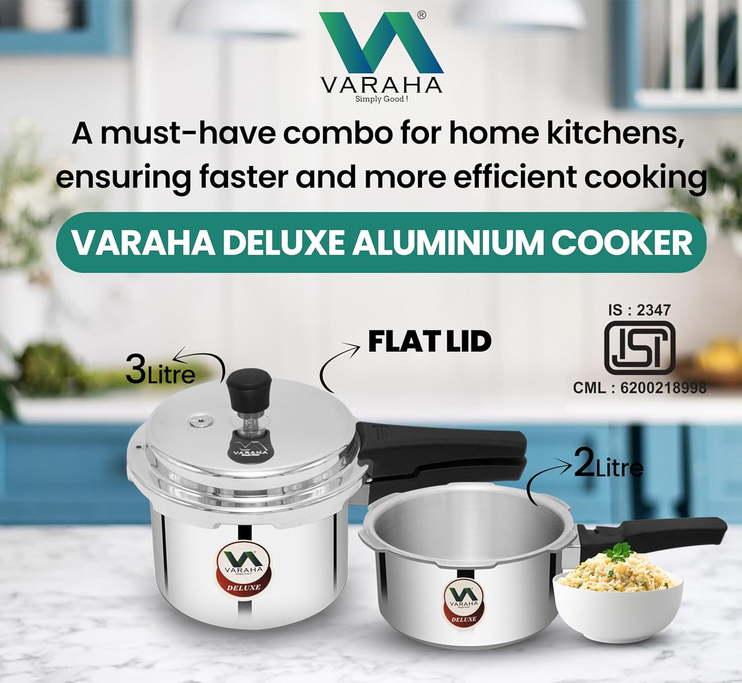 Varaha Deluxe 2 Litres and 3 Litres Pressure Cookers | Outer Lid | Heavy Gauge Aluminium | Gas Stove Compatible | Non Induction Base | ISI Certified | 5 Years Manufacturer's Warranty | Silver