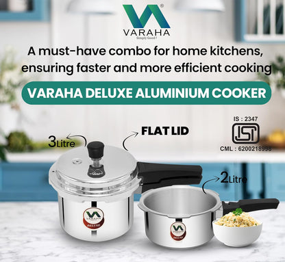 Varaha Deluxe 2 Litres and 3 Litres Pressure Cookers | Outer Lid | Heavy Gauge Aluminium | Gas Stove Compatible | Non Induction Base | ISI Certified | 5 Years Manufacturer's Warranty | Silver