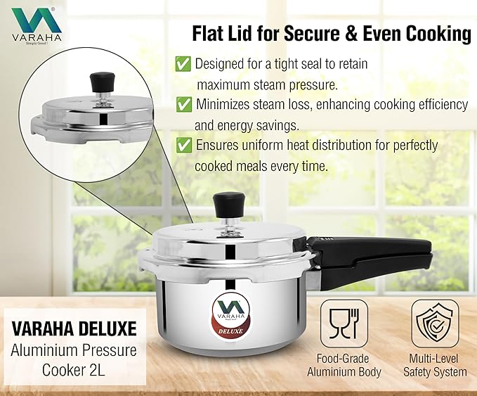 Varaha Deluxe 2 Litres Pressure Cooker | Outer Lid | Heavy Gauge Virgin Aluminium | Gas Stove Compatible | Non Induction Base | ISI Certified | 5 Years Manufacturer Warranty | Silver