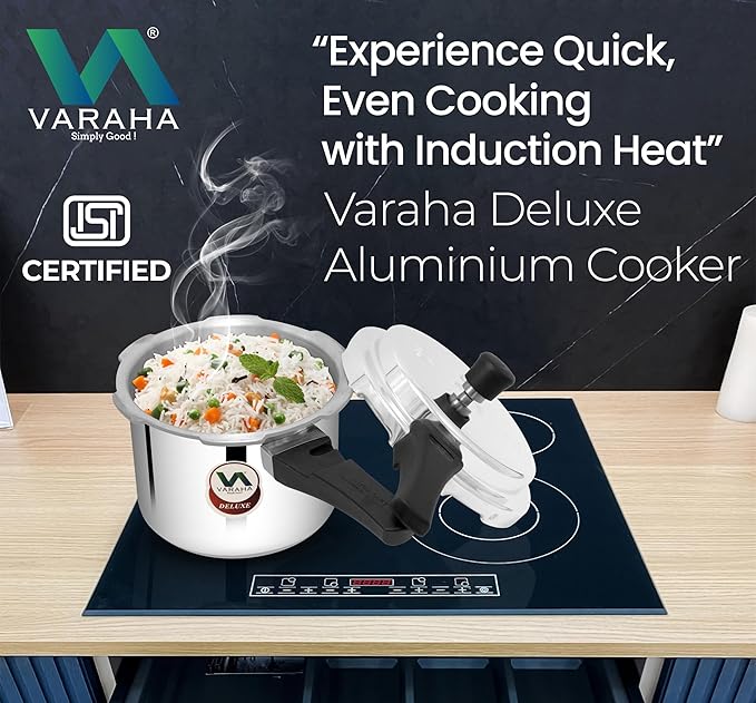 Varaha Deluxe 3 Litres Pressure Cooker | Outer Lid | Heavy Gauge Food Grade Virgin Aluminium | Induction & Gas Stove Compatible | ISI Certified | 5 Years Manufacturer's Warranty | Silver